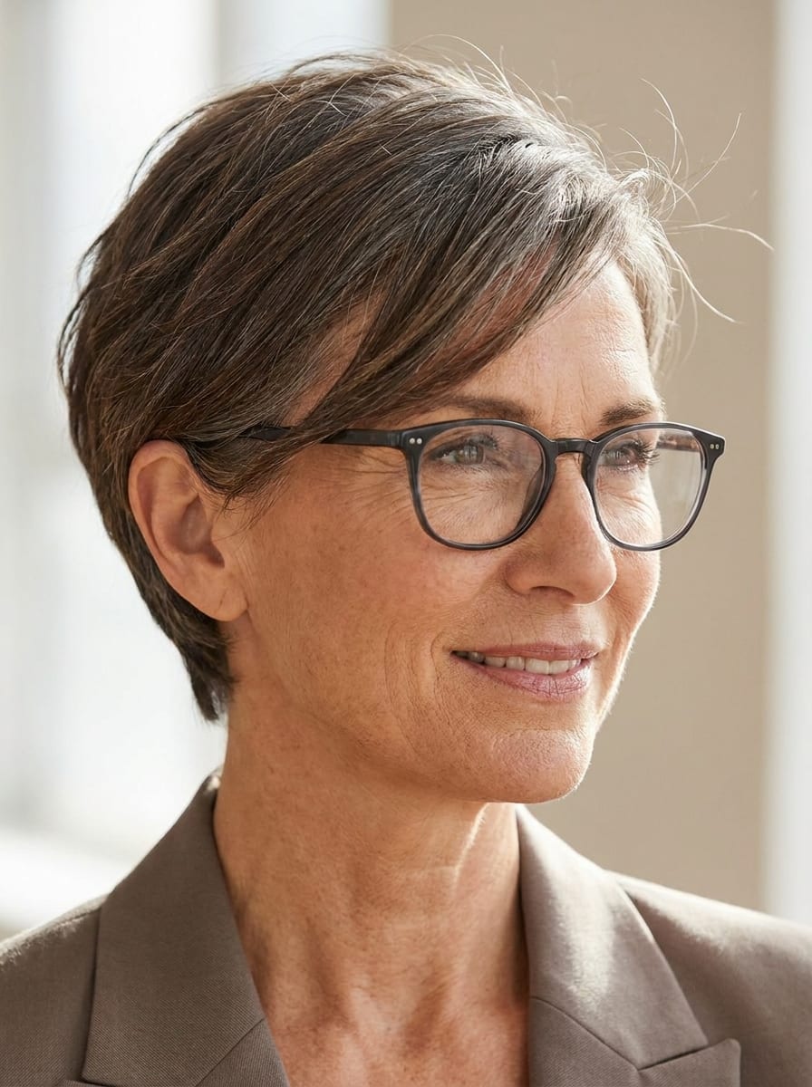 Kurzhaarfrisur mit Brille und Seitenscheitel - Kurzhaarfrisur ab 50